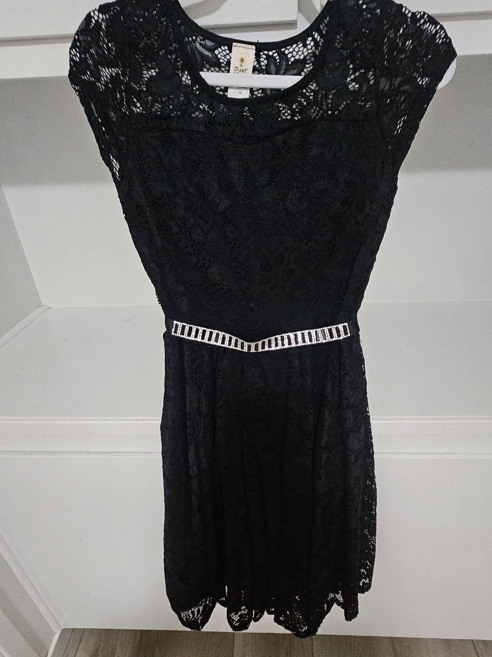 Black Lace Girls Midi Dress with Jeweled Belt